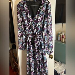 PrettyGarden tea dress size XL black with floral prints, purple, romantic